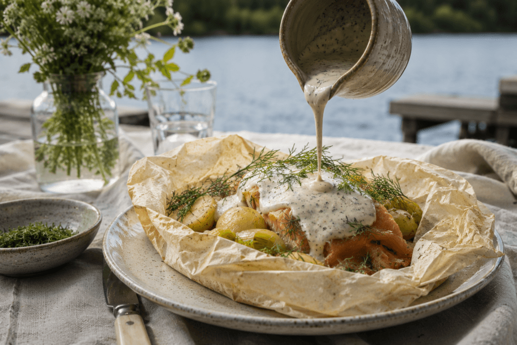Stefan Ekengrens 5 sommarrätter alla vill laga nu 2 laxpaket med potatis och sandefjordsas