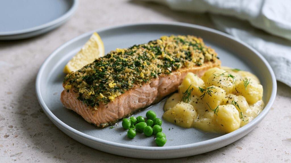 Örtbakad lax med stuvad potatis
