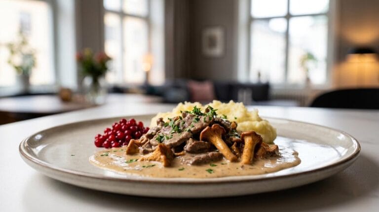 Renskavsgryta med skogssvamp och rårörda lingon