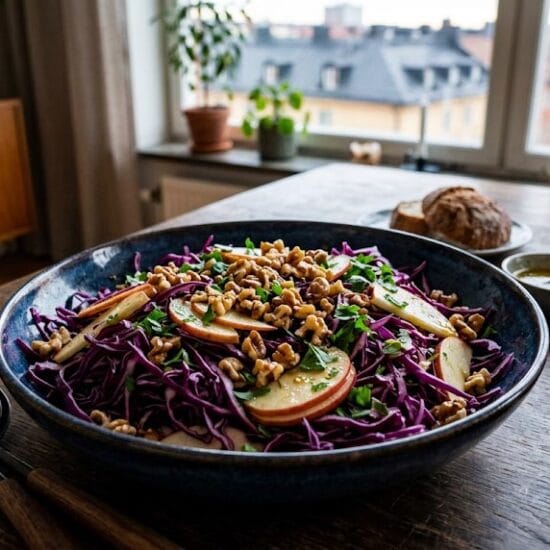 Rodkalssallad med syrliga applen och rostade valnotter