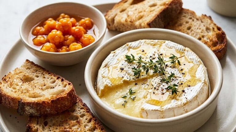 Varm camembert med rårörd hjortronsylt