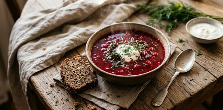 Värmande ukrainsk borsjtj med rödbeta och fläskfärs