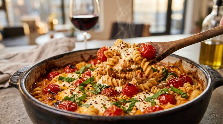 Ugnsbakad fetaostpasta med körsbärstomater